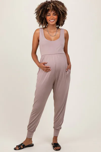 PinkBlush Mocha Scoop Neck Sleeveless Maternity Jogger Jumpsuit