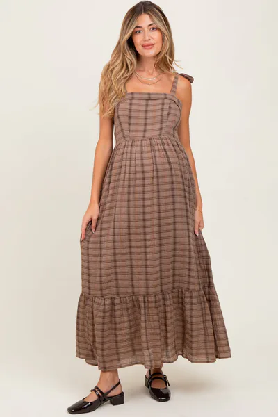 PinkBlush Mocha Plaid Sleeveless Cotton Maternity Maxi Dress