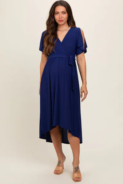 PinkBlush Navy Blue Flutter Sleeve Waist Tie Maternity Nursing Dress