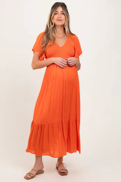 PinkBlush Orange Smocked Flutter Sleeve Midi Dress