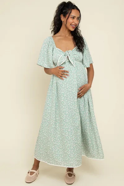 PinkBlush Sage Floral Tie Front Flutter Sleeve Maternity Midi Dress