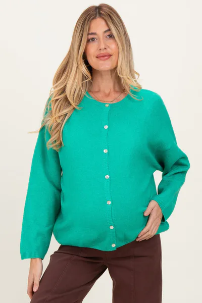 PinkBlush Green Classic Crew Neck Maternity Button Cardigan
