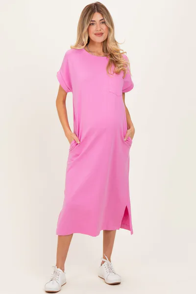 PinkBlush Pink Pocket Front Maternity Midi T-Shirt Dress