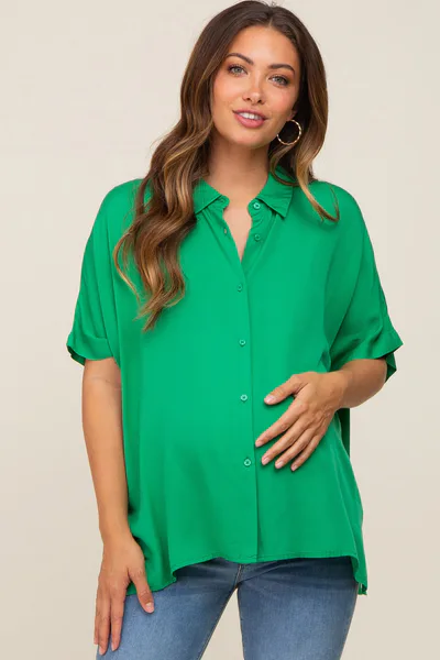 PinkBlush Green Button Up Dolman Short Sleeve Maternity Top