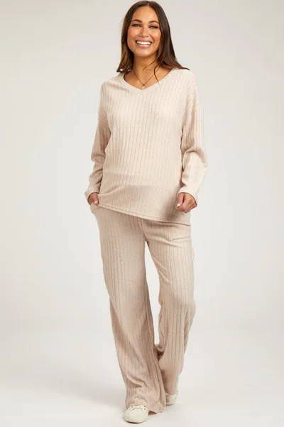 PinkBlush Taupe Ribbed Soft Knit Long Sleeve Pajama Set