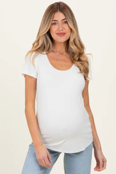 PinkBlush White Short Sleeve Scoop Neck Maternity Knit T-Shirt