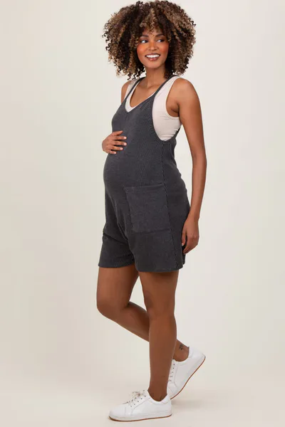 PinkBlush Black Solid Ribbed V-Neck Sleeveless Front Pocket Maternity Romper