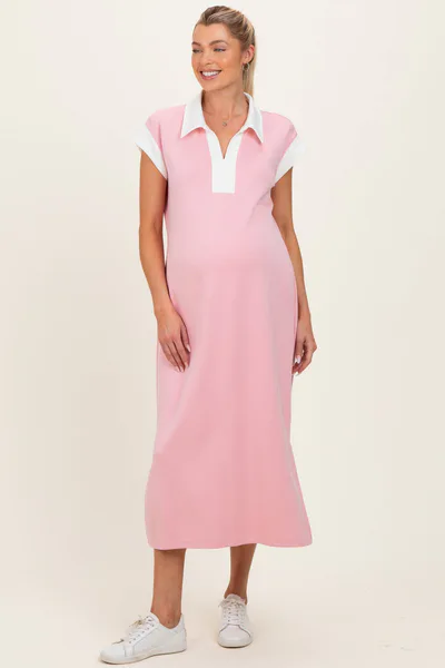 PinkBlush Pink Colorblock Polo Maternity Midi Dress