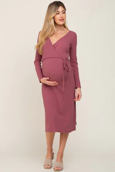 PinkBlush Mauve Rib Knit Long Sleeve Maternity Wrap Midi Dress
