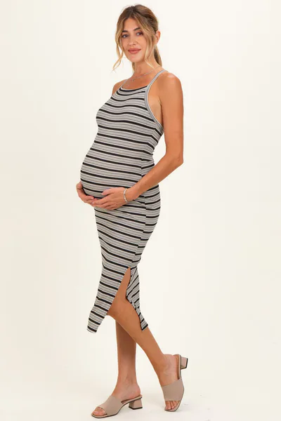 PinkBlush Black Striped Crisscross Back Maternity Dress