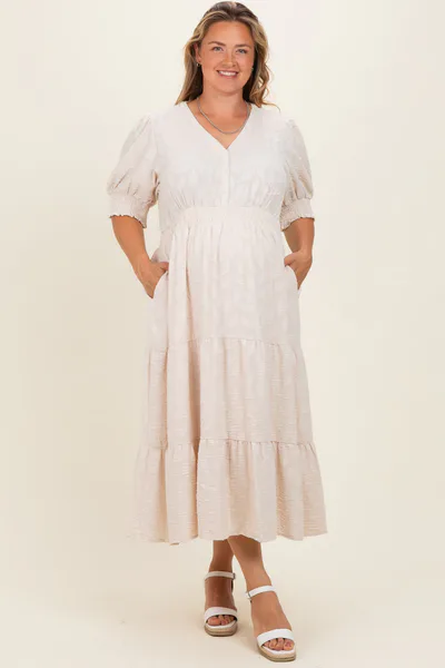PinkBlush Cream Textured Knit Maternity Plus Maxi Dress