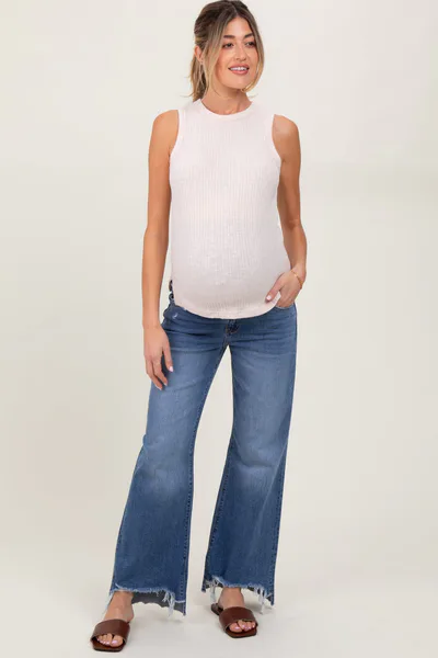 PinkBlush Blue Distressed Fringe Hi-Lo Hem Cropped Flare Maternity Jeans