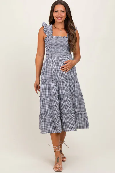 PinkBlush Black Gingham Ruffle Tiered Maternity Midi Dress
