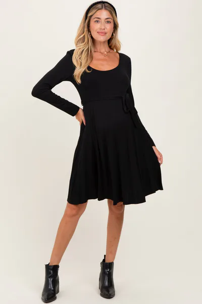 PinkBlush Black Scoop Neck Long Sleeve Waist Tie Maternity Dress