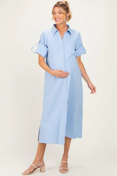 PinkBlush Light Blue Side Slit Button Down Maternity Midi Dress