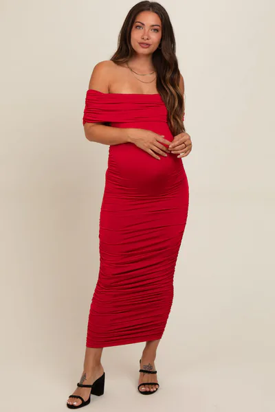 PinkBlush Red Off Shoulder Ruched Maternity Midi Dress