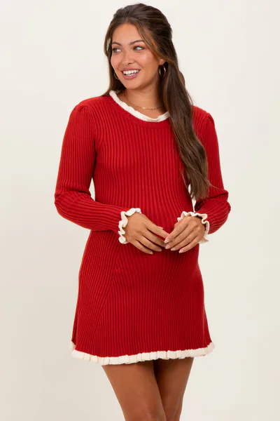 PinkBlush Red Ribbed Knit Contrast Ruffle Trim Maternity Mini Dress