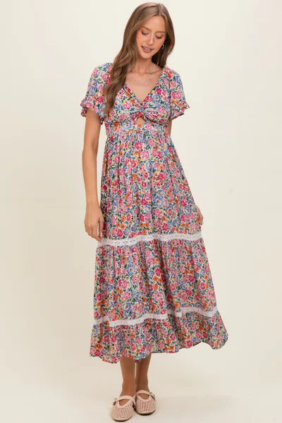 PinkBlush Ivory V Neck Twist Front Cut Out Floral Print Maternity Maxi Dress