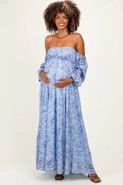PinkBlush Blue Off Shoulder Long Sleeve Maternity Maxi Dress