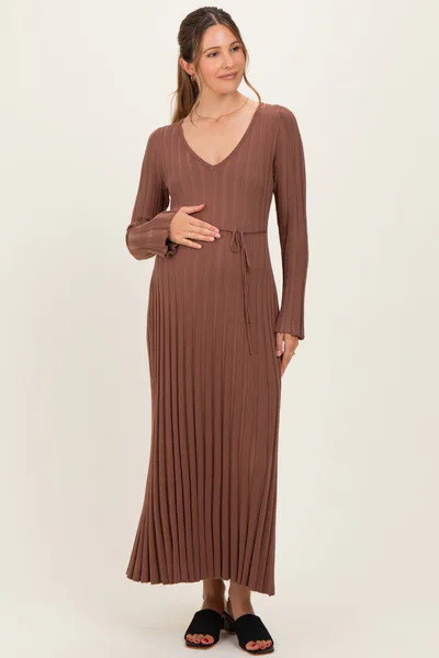 PinkBlush Brown Ribbed Maternity Knit Maxi Dress