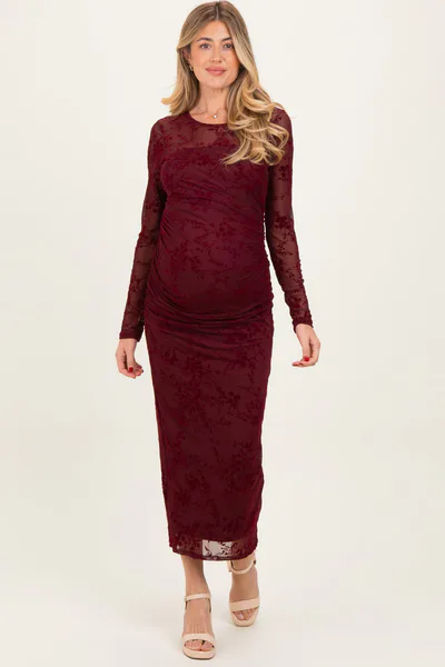 PinkBlush Burgundy Floral Flocked Mesh Long Sleeve Maternity Midi Dress