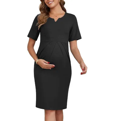 Target INSPIRE CHIC Women's Work Maternity Dresses Formal Short Sleeves V-Neck Front Pleated Office Pregnancy Business Dress X-Large Black