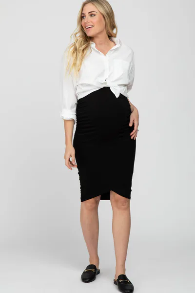 PinkBlush Black Ruched Maternity Wrap Pencil Skirt