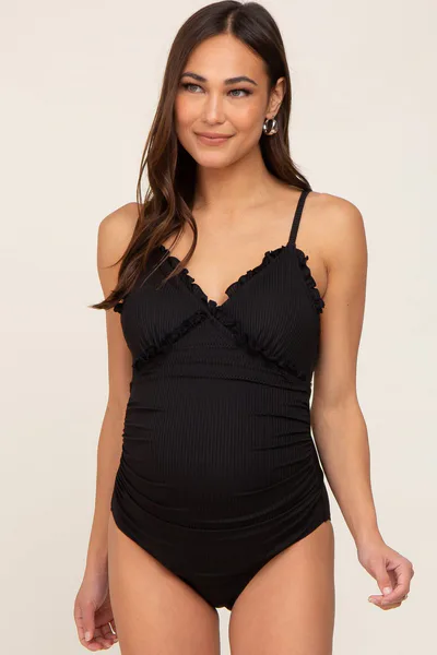 PinkBlush Black Ribbed Ruffle Ruched Maternity One Piece Swimsuit