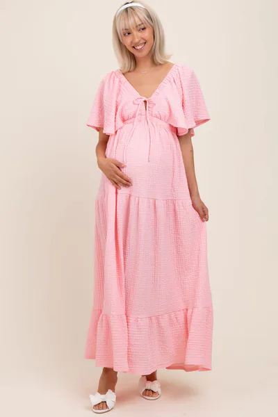 PinkBlush Light Pink Woven Textured Flutter Sleeve V-Neck Tiered Maternity Maxi Dress