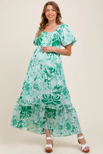 PinkBlush Green Floral Print Smocked Bodice Maternity Maxi Dress