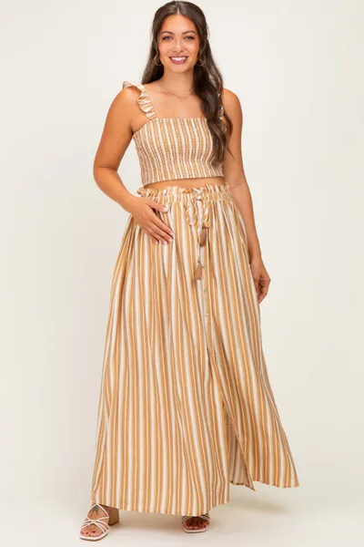 PinkBlush Beige Striped Smocked Crop Top Maxi Skirt Maternity Set