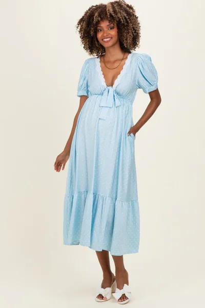 PinkBlush Light Blue Polka Dot Short Sleeve Lace V-Neck Ruffle Hem Maternity Maxi Dress