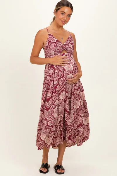 PinkBlush Wine Floral V-Neck Twist Front Cut Out Maternity Maxi Dress