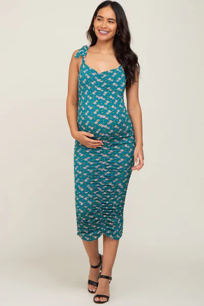 PinkBlush Teal Floral Ruched Shoulder Tie Maternity Dress