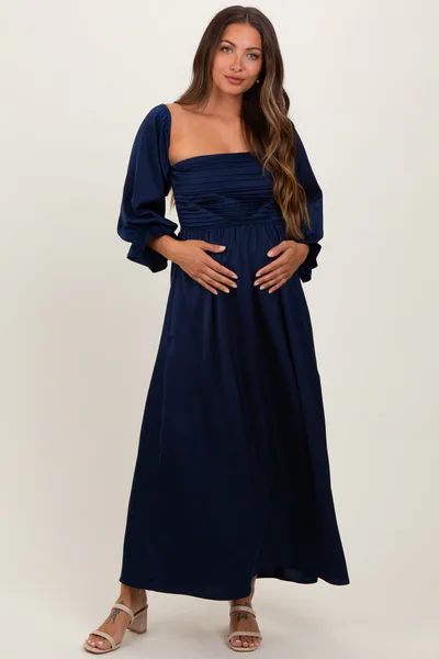 PinkBlush Navy Off Shoulder Satin Pleated Bodice Maternity Maxi Dress