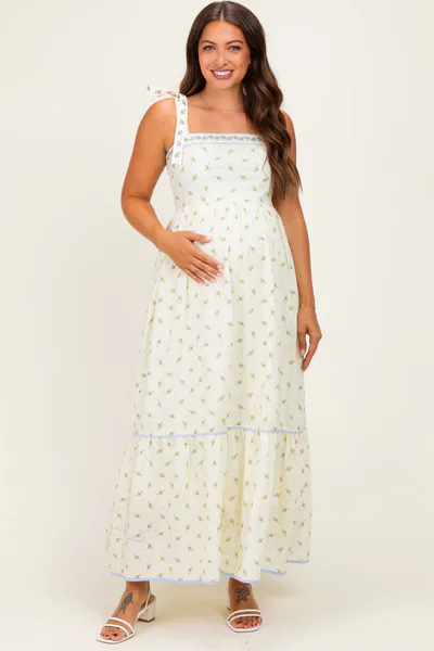 PinkBlush Creme Blue Floral Shoulder Tie Maternity Maxi Dress