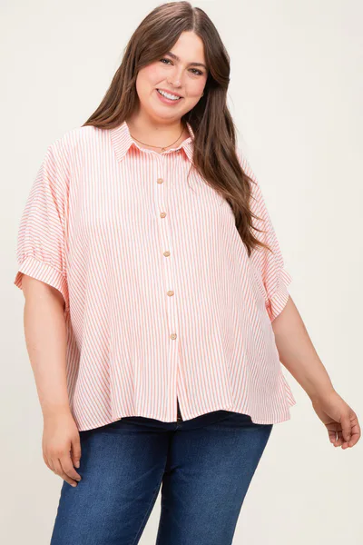 PinkBlush Coral Plus Woven Stripe Button Down  Maternity Top