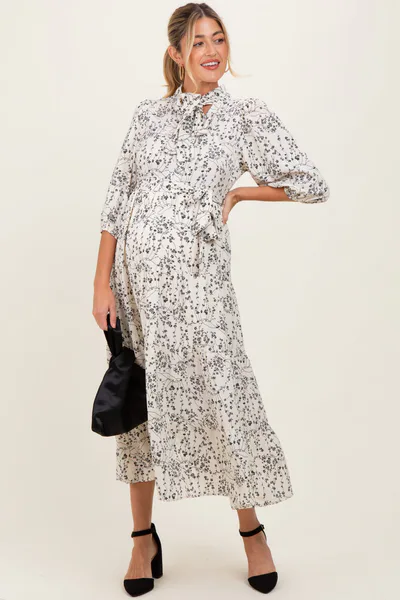 PinkBlush Cream Floral Neck Tie Maternity Midi Dress