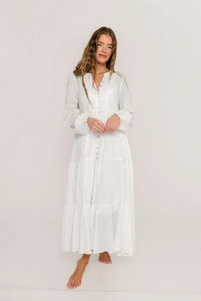 Worth Collective Anna Cotton-Blend Button Down Maxi Dress in Ivory - Bump Friendly