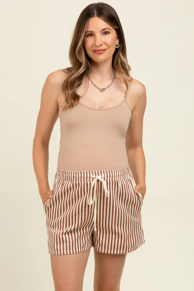 PinkBlush Mocha Drawstring Waist Striped Maternity Shorts