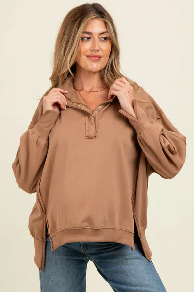 PinkBlush Mocha Snap Button Pullover Henley Maternity Sweatshirt