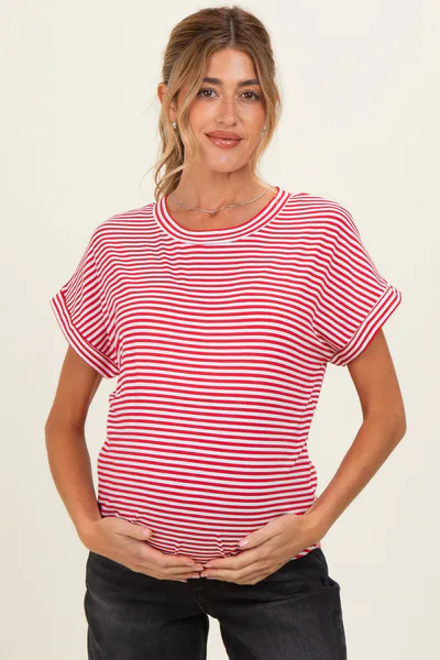 PinkBlush Red Striped Short Sleeve Maternity Top