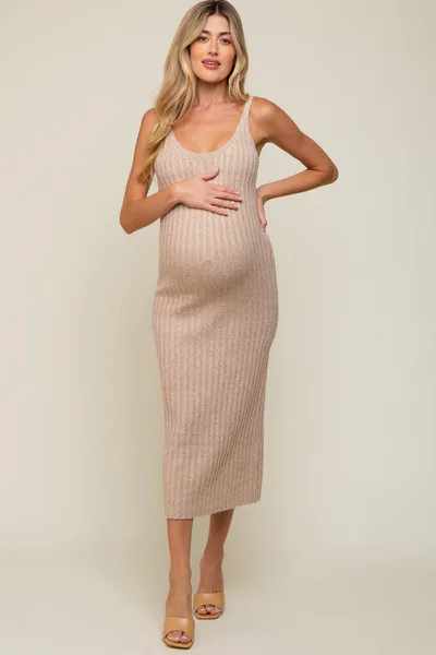PinkBlush Taupe Ribbed Sleeveless Maternity Midi Dress