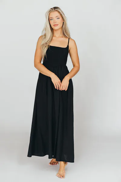 Worth Collective Josefina Smocked Maxi Dress in Black - Bump Friendly *6/23 PRE-ORDER*