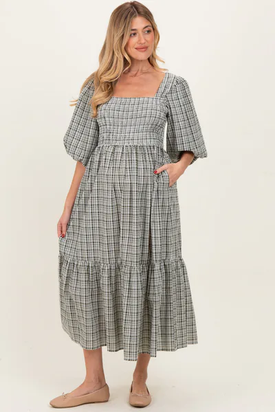 PinkBlush Sage Plaid  Bubble Sleeve Maternity Dress