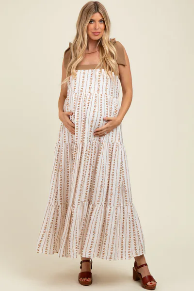 PinkBlush Mocha/White Ditzy Floral Sleeveless Tiered Maternity Maxi Dress