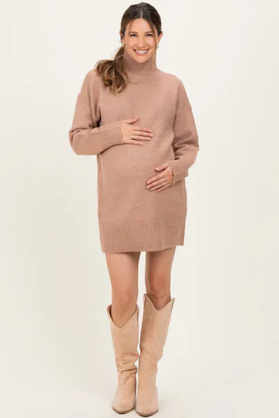 PinkBlush Taupe High Neck Sweater Maternity Mini Dress