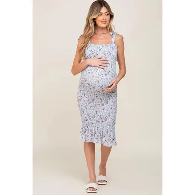 Target Pinkblush Light Blue Floral Smocked Fitted Maternity Dress XL