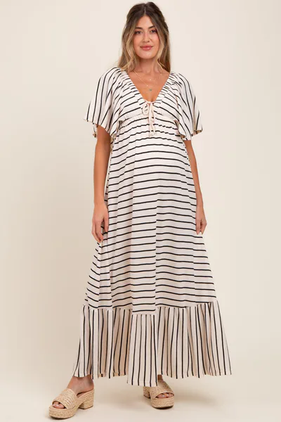PinkBlush Cream/ Black Stripe Knit Flutter Sleeve V-Neck Tiered Maternity Maxi Dress