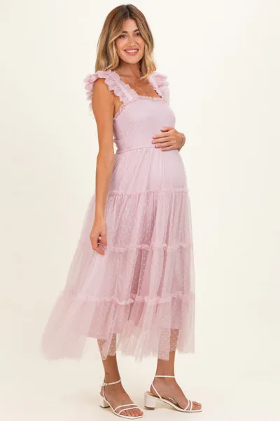 PinkBlush Light Pink Smocked Polka Dot Tulle Maternity Midi Dress